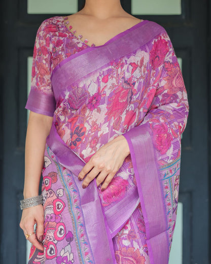 Purple Floral Linen Saree with Elegant Printed Pallu for Women
