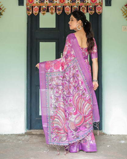 Purple Floral Linen Saree with Elegant Printed Pallu for Women