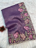 Purple Gold Crush Saree with Floral Threadwork Border