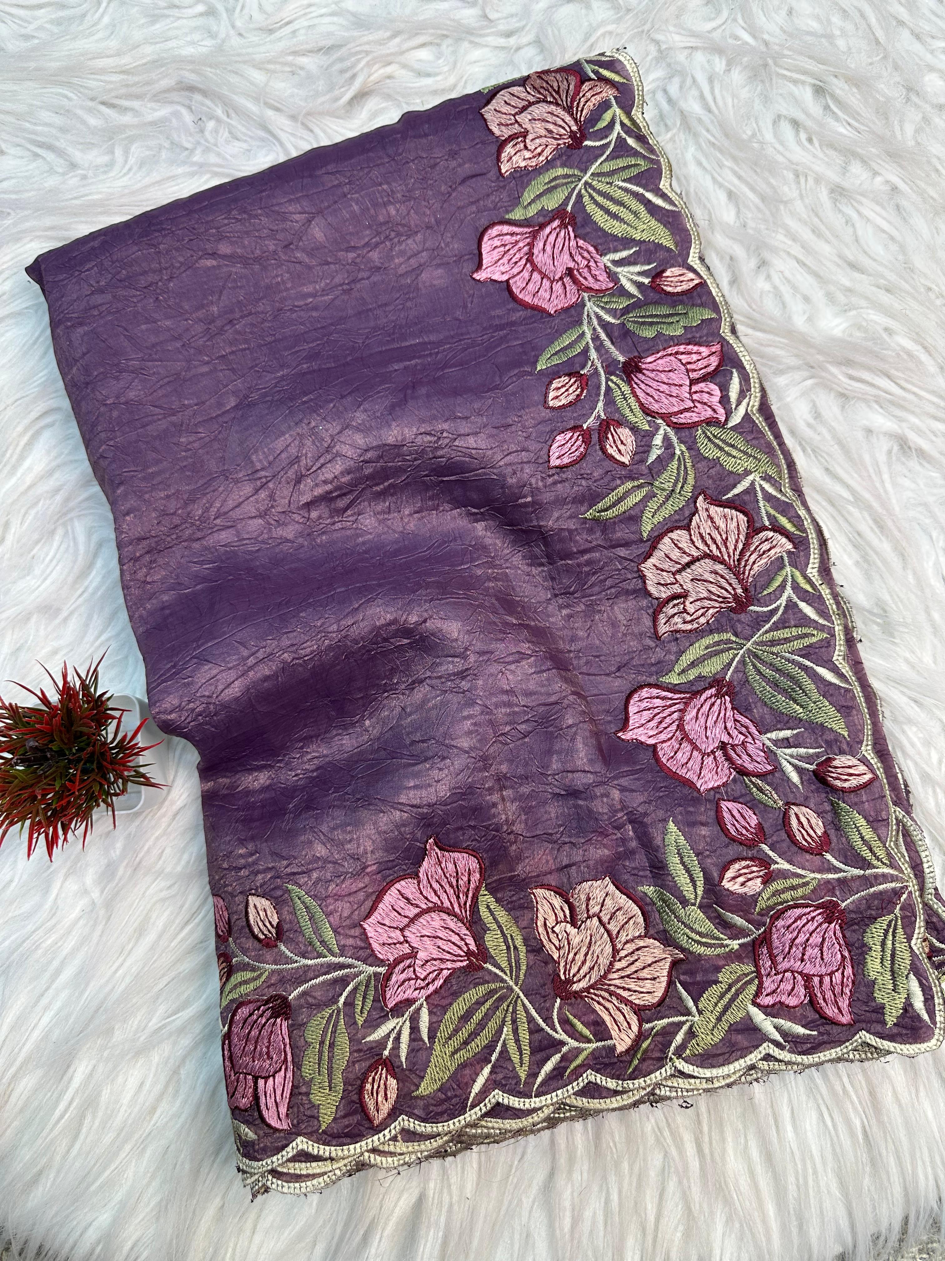 Purple Gold Crush Saree with Floral Threadwork Border