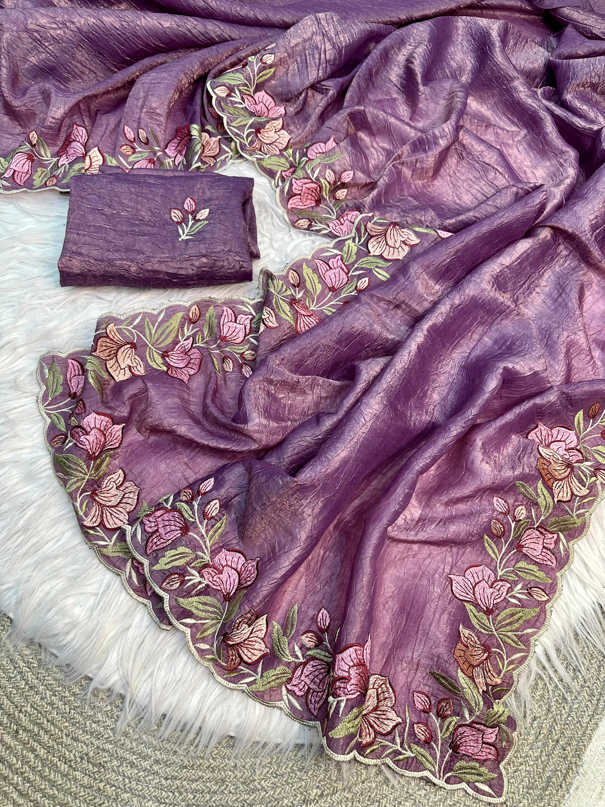 Purple Gold Crush Saree with Floral Threadwork Border for Women