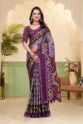 Purple Ikat Print Mal Cotton Saree with Designer Border