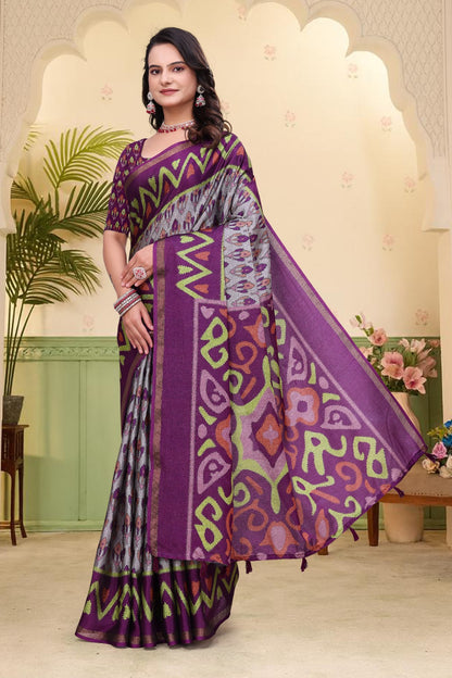 Purple Ikat Print Mal Cotton Saree with Designer Border for Women