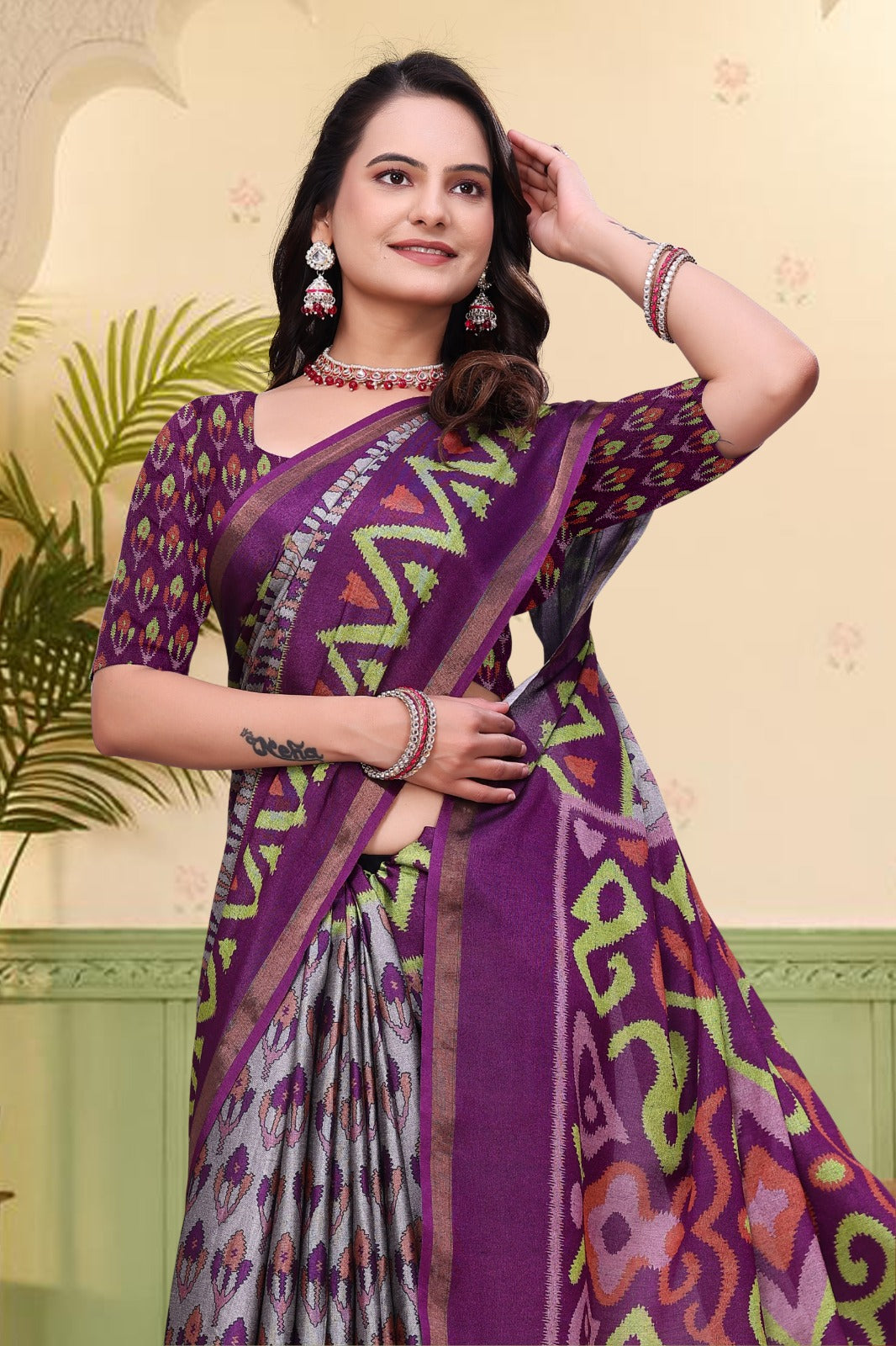 Purple Ikat Print Mal Cotton Saree with Designer Border for Women