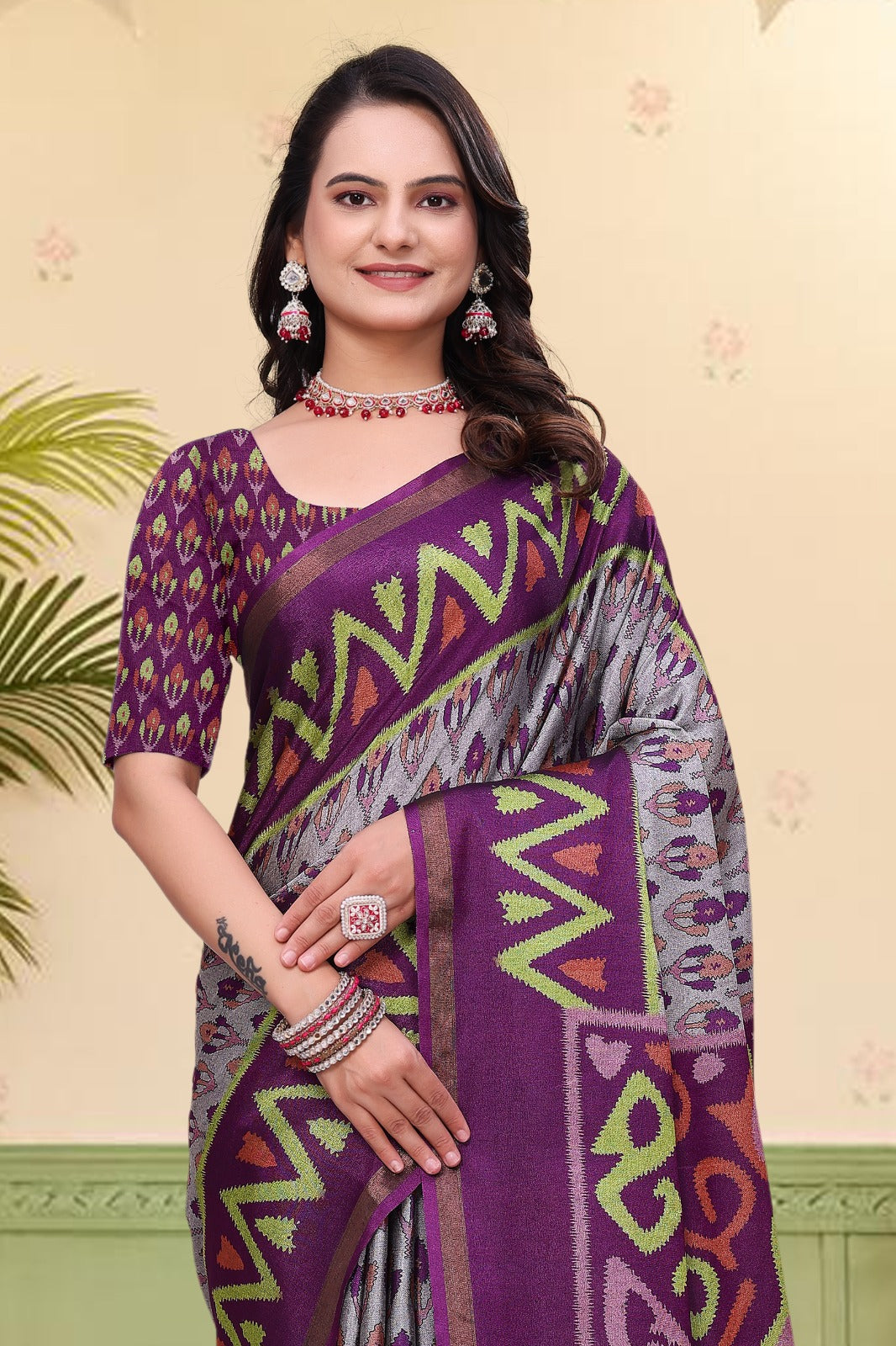 Purple Ikat Print Mal Cotton Saree with Designer Border for Women