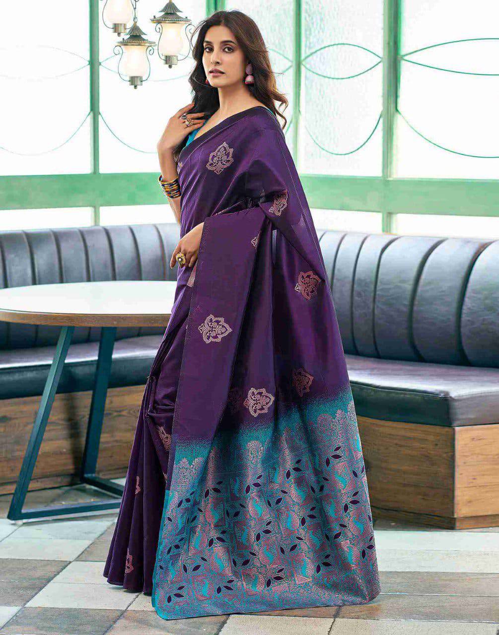 Purple Lichi Silk Saree With Teal Jacquard Border for Women