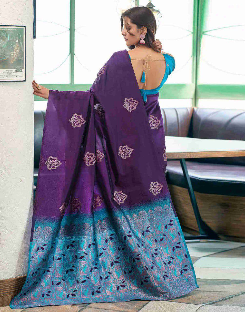 Purple Lichi Silk Saree With Teal Jacquard Border for Women