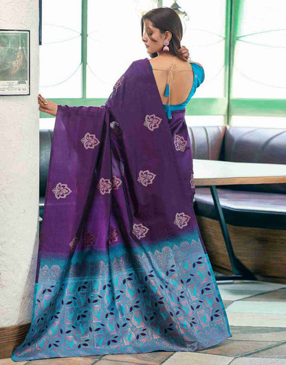 Purple Lichi Silk Saree With Teal Jacquard Border for Women