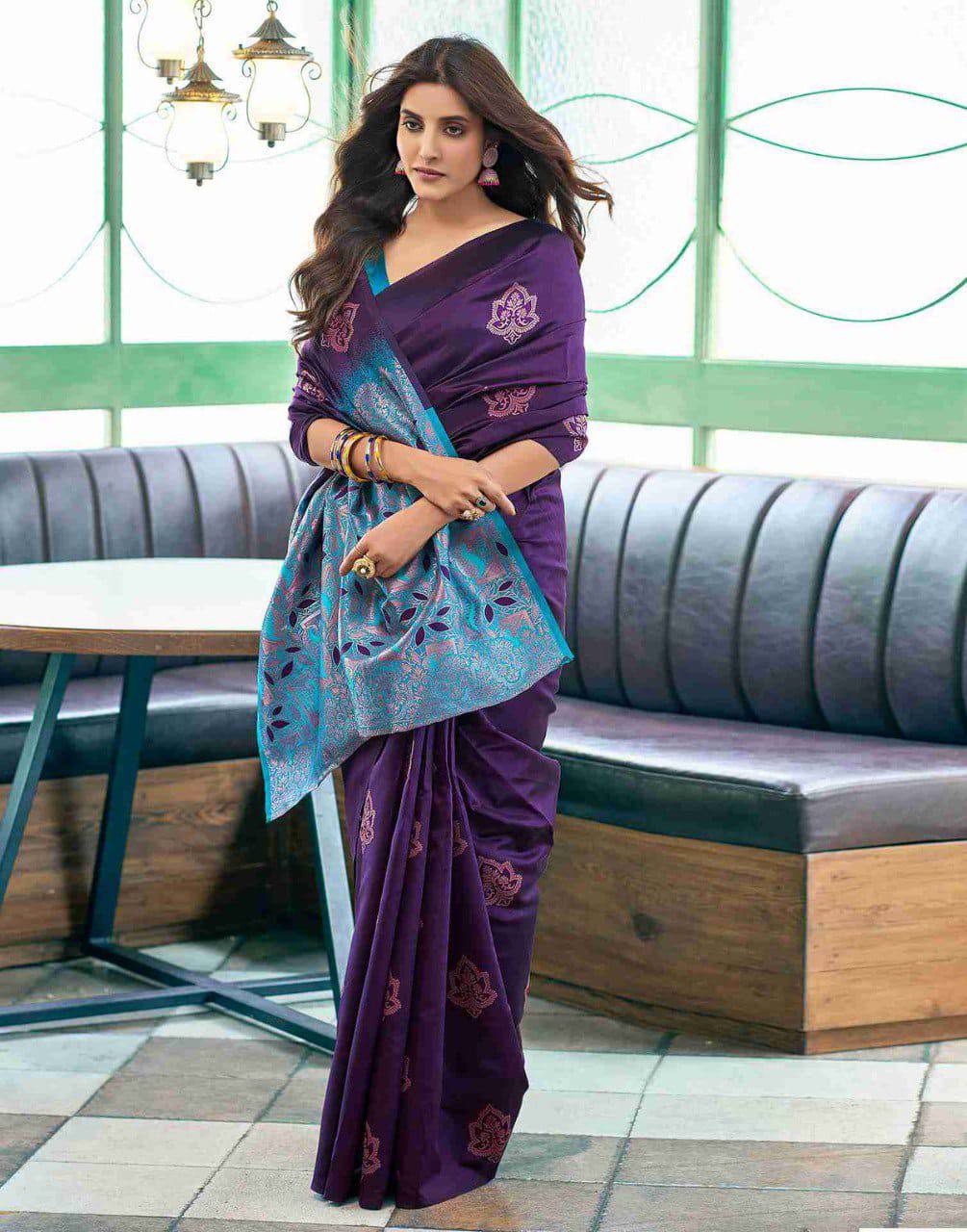 Purple Lichi Silk Saree With Teal Jacquard Border for Women