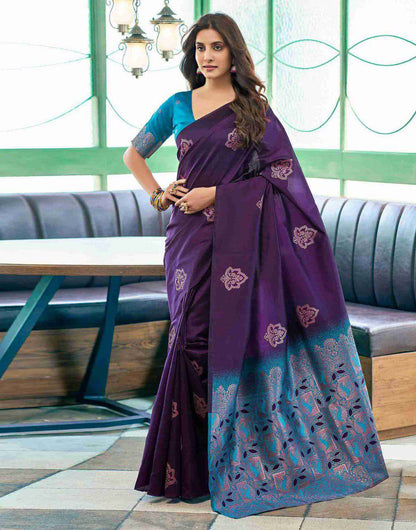 Purple Lichi Silk Saree With Teal Jacquard Border for Women