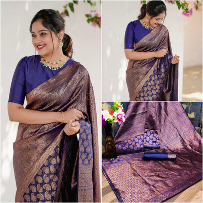 Purple Lichi Silk Saree with Rich Golden Jacquard Work for Women