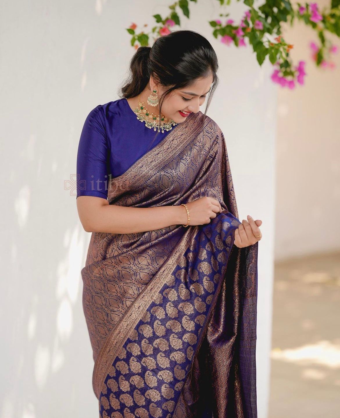 Purple Lichi Silk Saree with Rich Golden Jacquard Work for Women