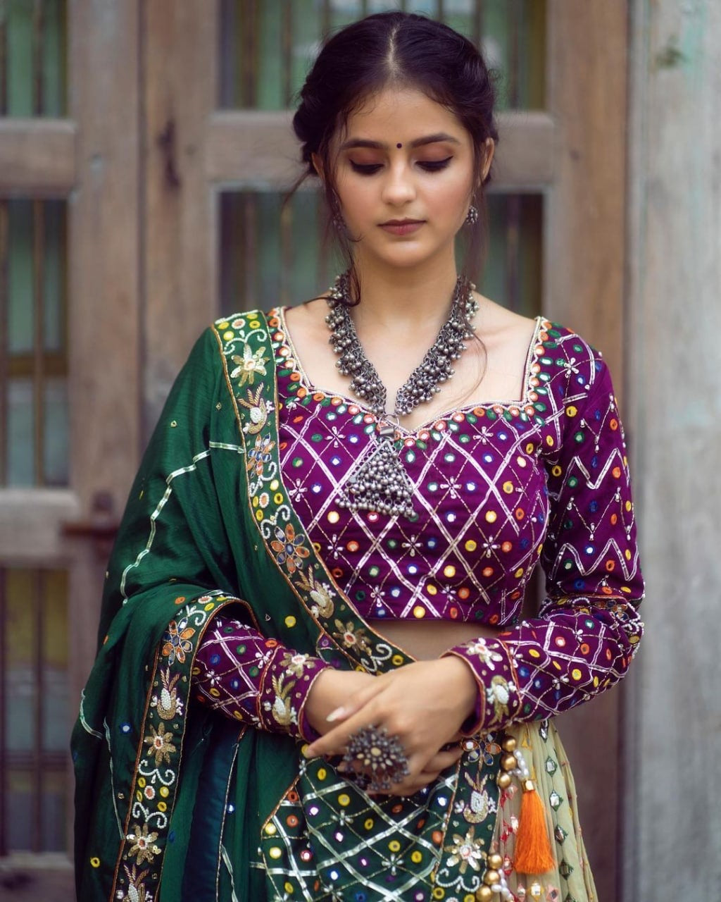 Royal Purple Mirror Work Muslin Lehenga Choli Set for Women