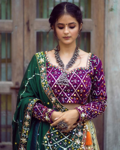 Royal Purple Mirror Work Muslin Lehenga Choli Set for Women