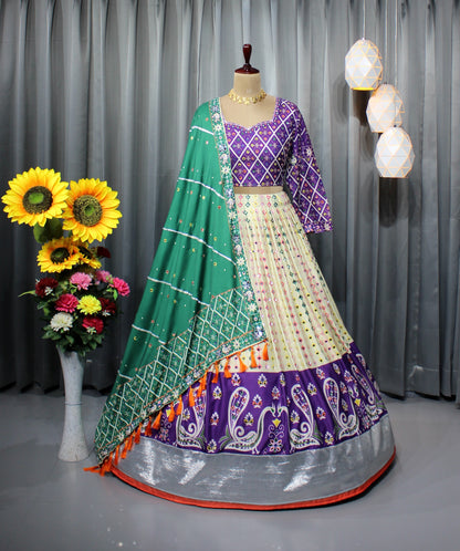 Royal Purple Mirror Work Muslin Lehenga Choli Set for Women