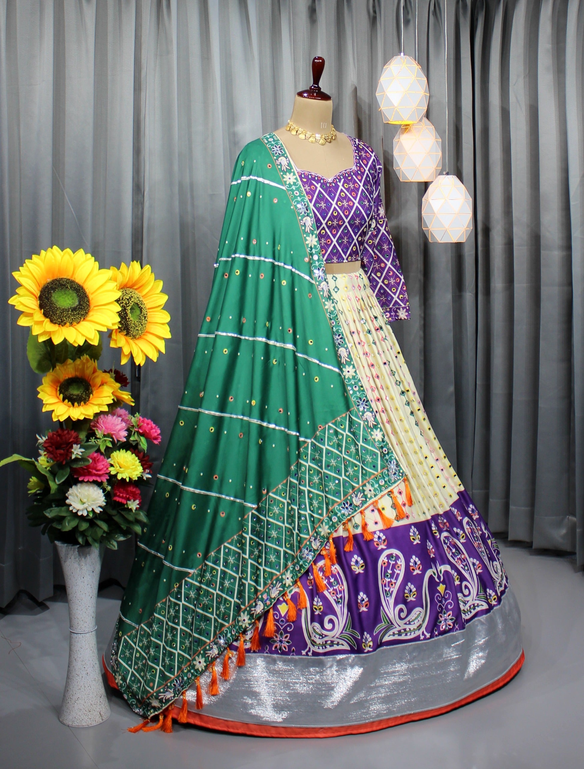 Royal Purple Mirror Work Muslin Lehenga Choli Set