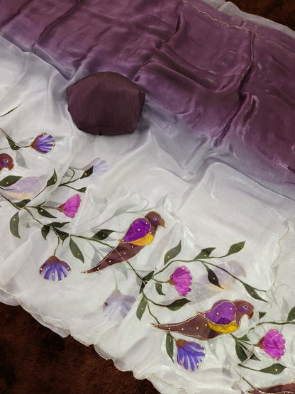 Purple Parrot Kalamkari Fandy Silk Saree with Handwork for Women