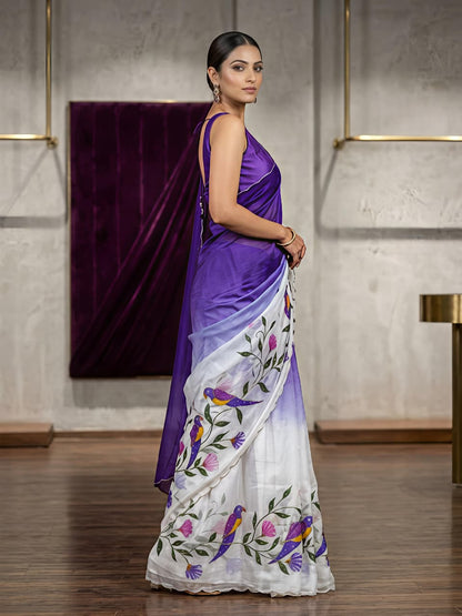 Purple Parrot Print Party Wear Silk Saree for Women