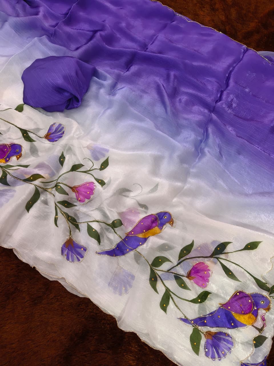 Purple Parrot Print Party Wear Silk Saree for Women