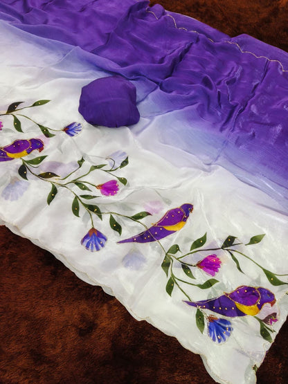 Purple Parrot Print Party Wear Silk Saree for Women