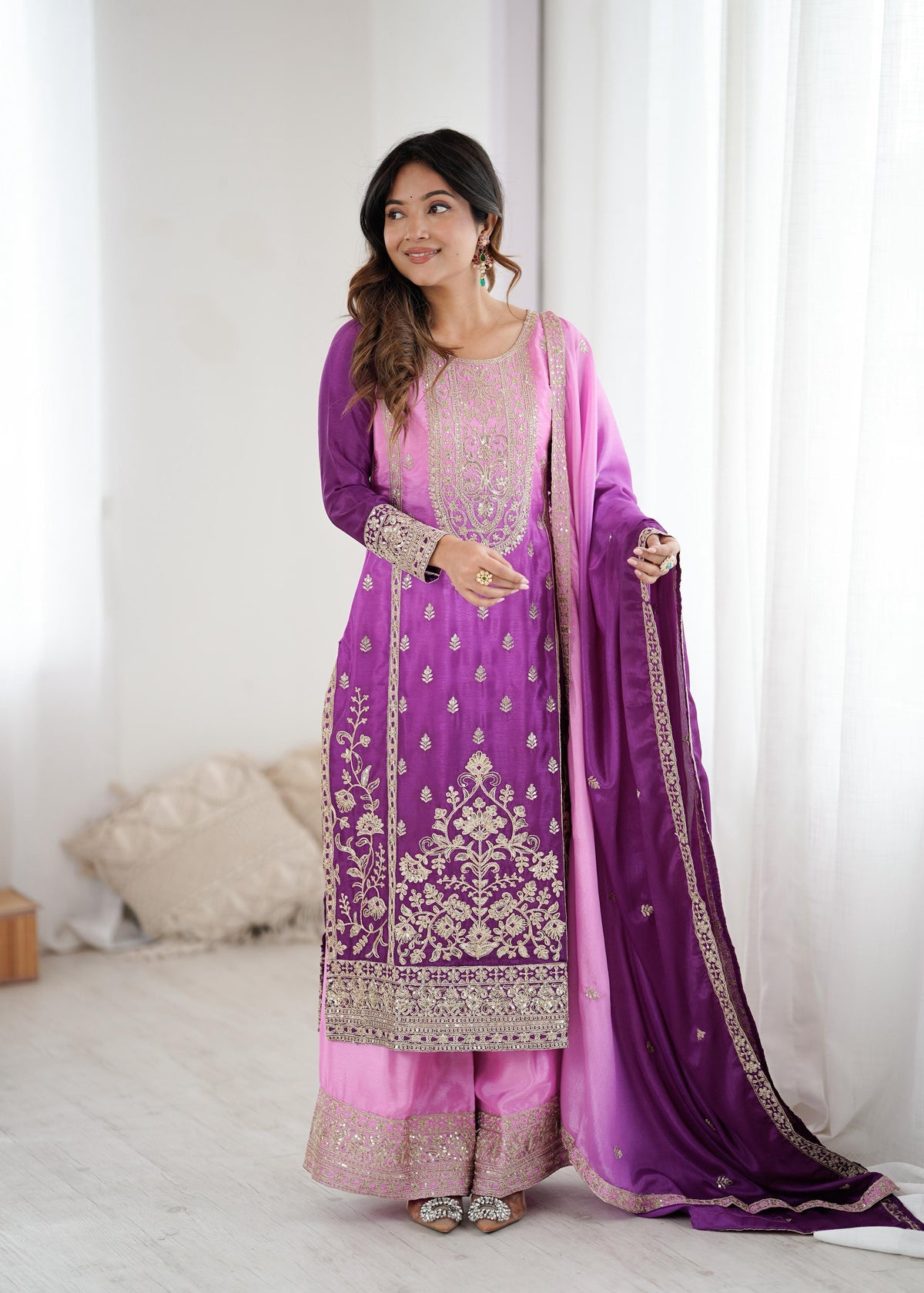 Purple Pink Chinon Silk Embroidered Suit Set for Women