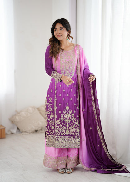 Purple Pink Chinon Silk Embroidered Suit Set for Women