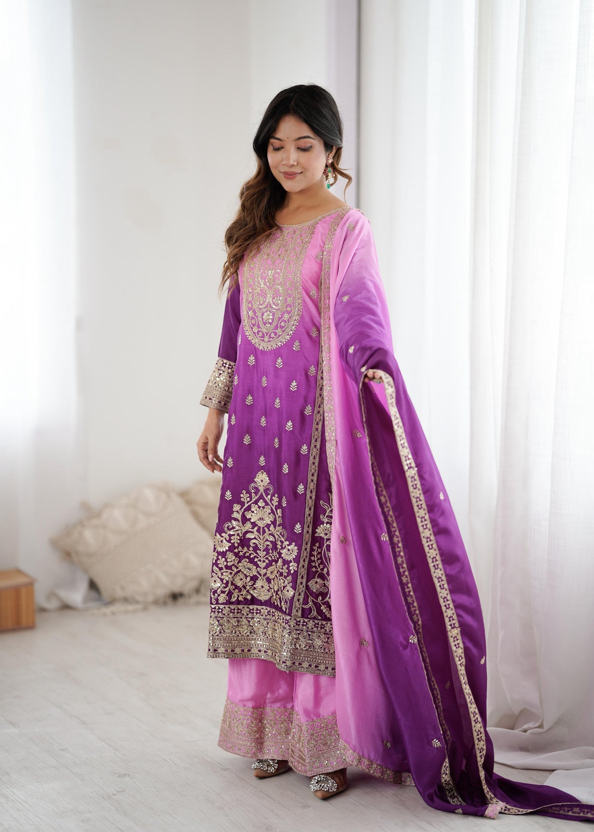 Purple Pink Chinon Silk Embroidered Suit Set for Women