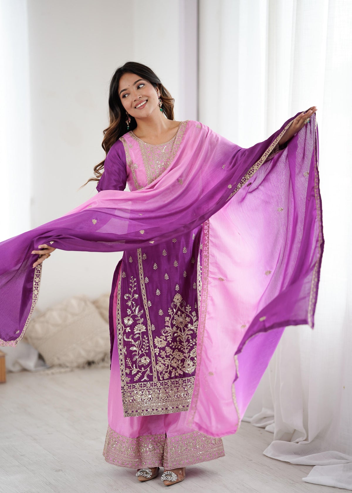 Purple Pink Chinon Silk Embroidered Suit Set for Women