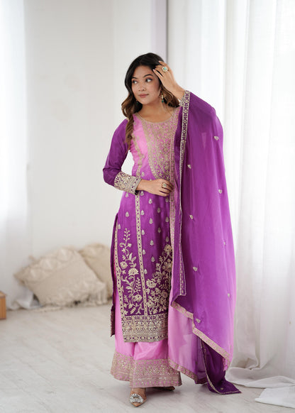 Purple Pink Chinon Silk Embroidered Suit Set for Women