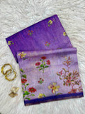 Purple Floral Printed Linen Tissue Saree for Women