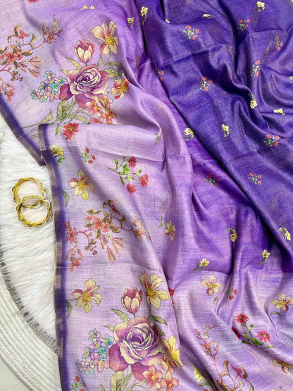 Purple Floral Printed Linen Tissue Saree for Women