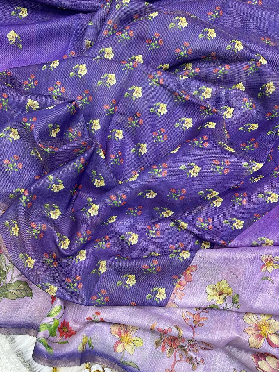 Purple Floral Printed Linen Tissue Saree for Women