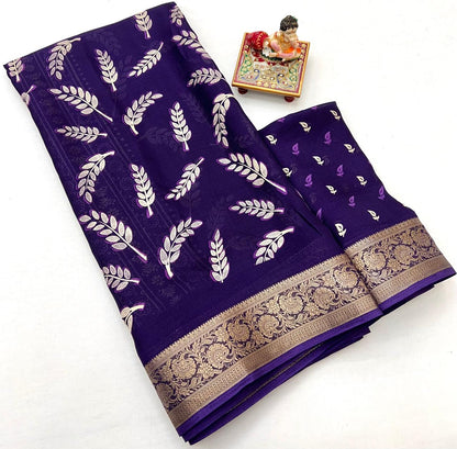 Purple Moss Georgette Printed Saree With Zari Border for Women