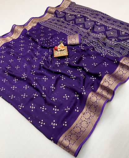 Designer Purple Printed Saree With Zari Woven Border for Women