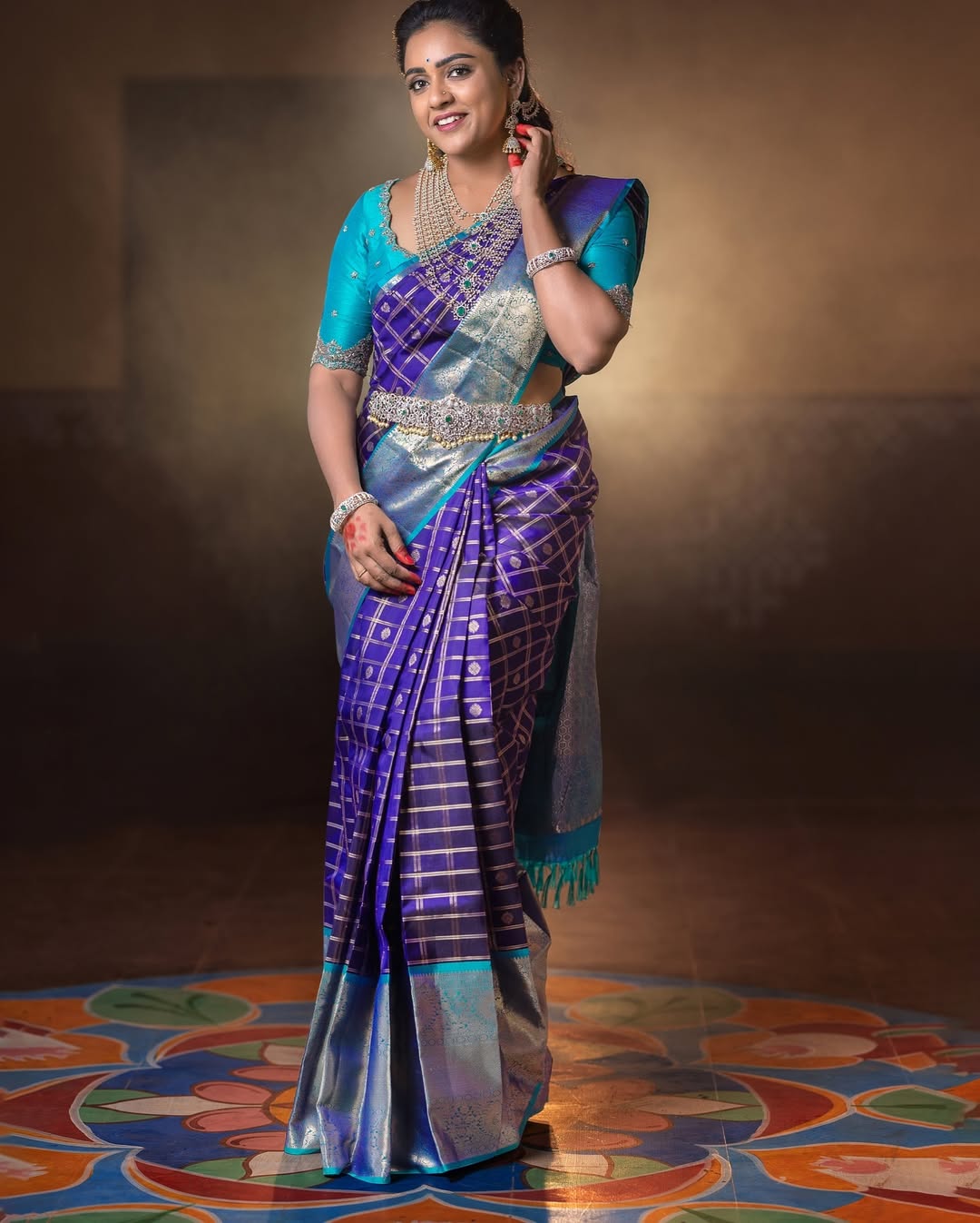 Elegant Purple Silk Saree with Zari Checks & Teal Contrast