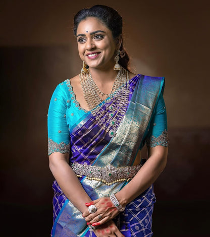 Elegant Purple Silk Saree with Zari Checks &amp; Teal Contrast for Women