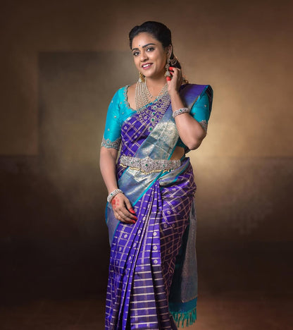 Elegant Purple Silk Saree with Zari Checks &amp; Teal Contrast for Women