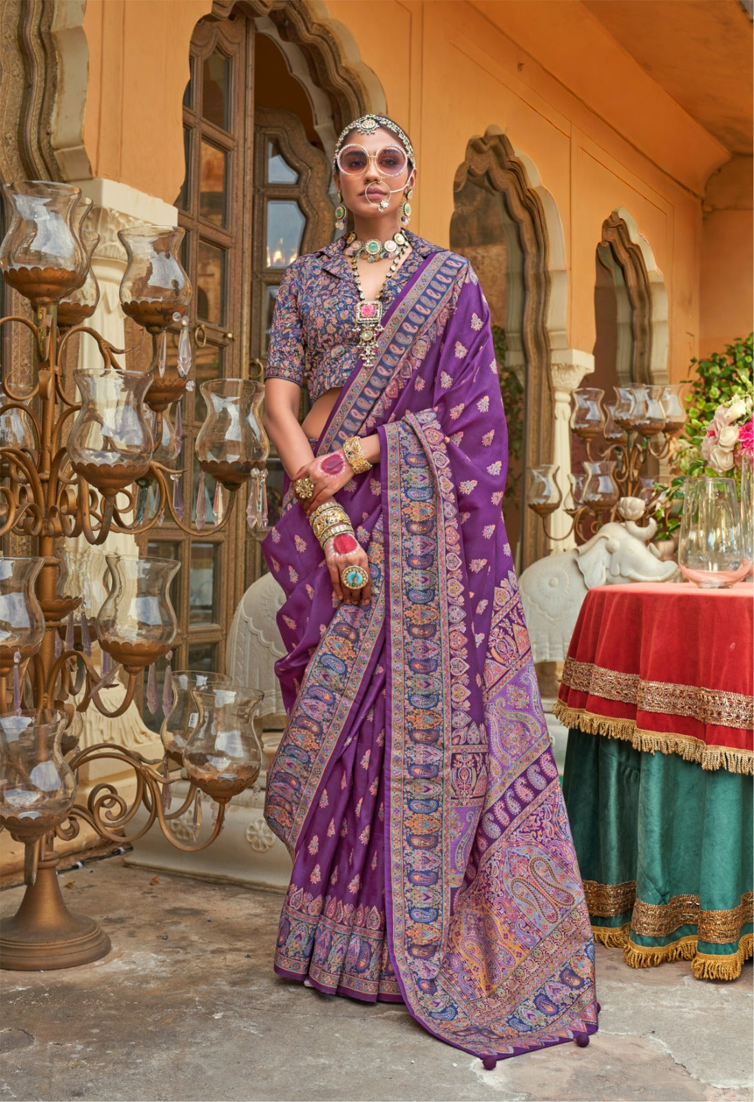 Purple Silk Blend Zari Woven Saree With Brocade Blouse for Women