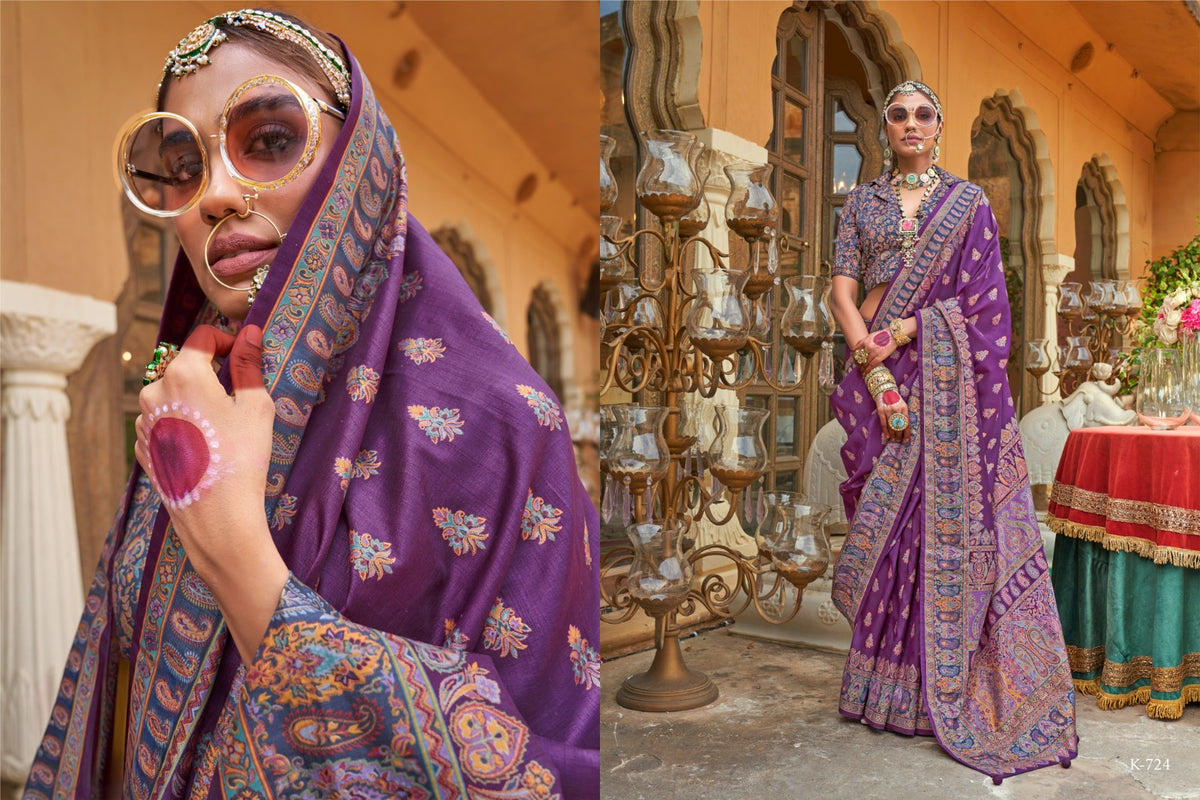 Purple Silk Blend Zari Woven Saree With Brocade Blouse for Women