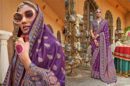 Purple Silk Blend Zari Woven Saree With Brocade Blouse for Women
