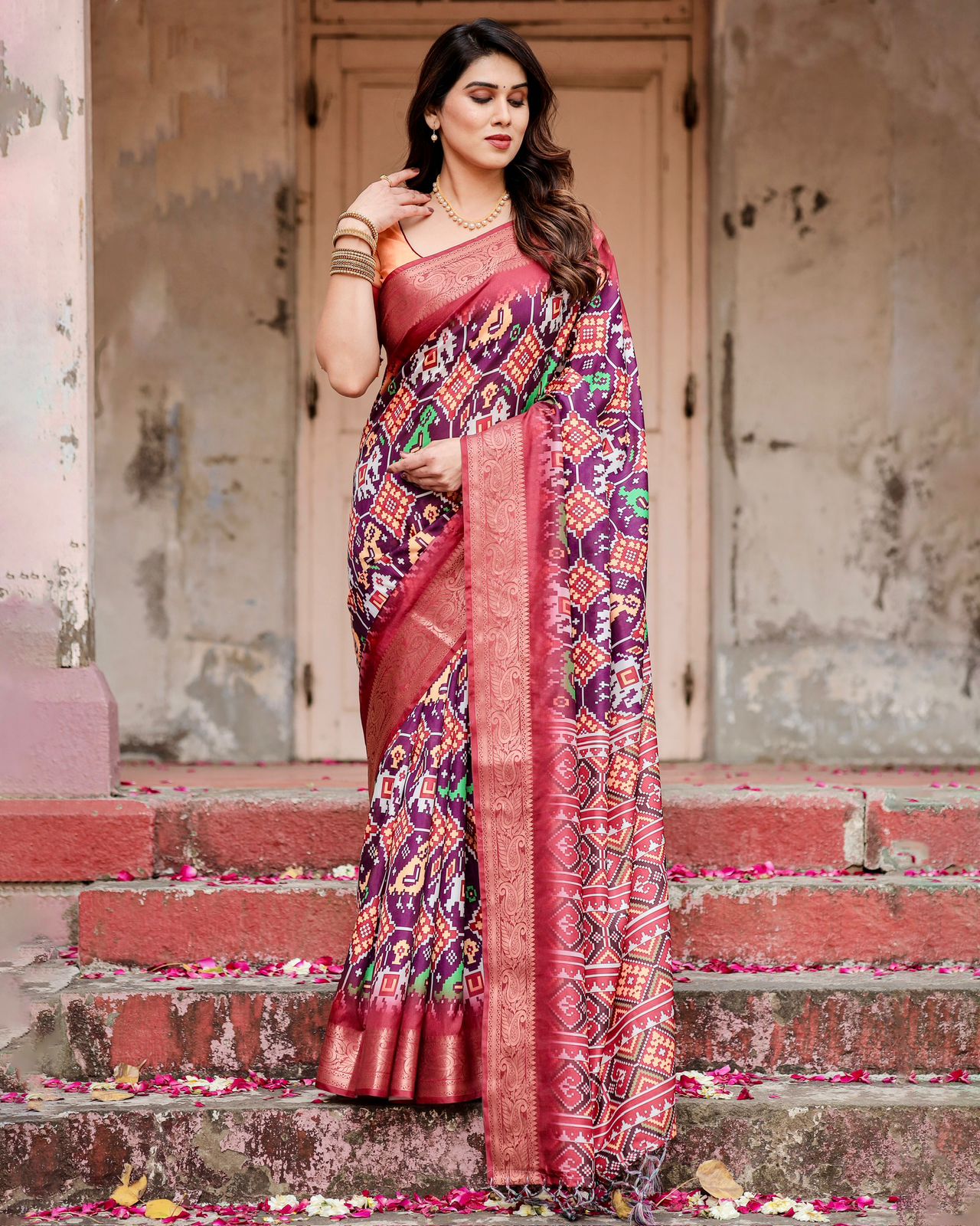 Royal Purple Tussar Silk Saree with Traditional Ikat Print