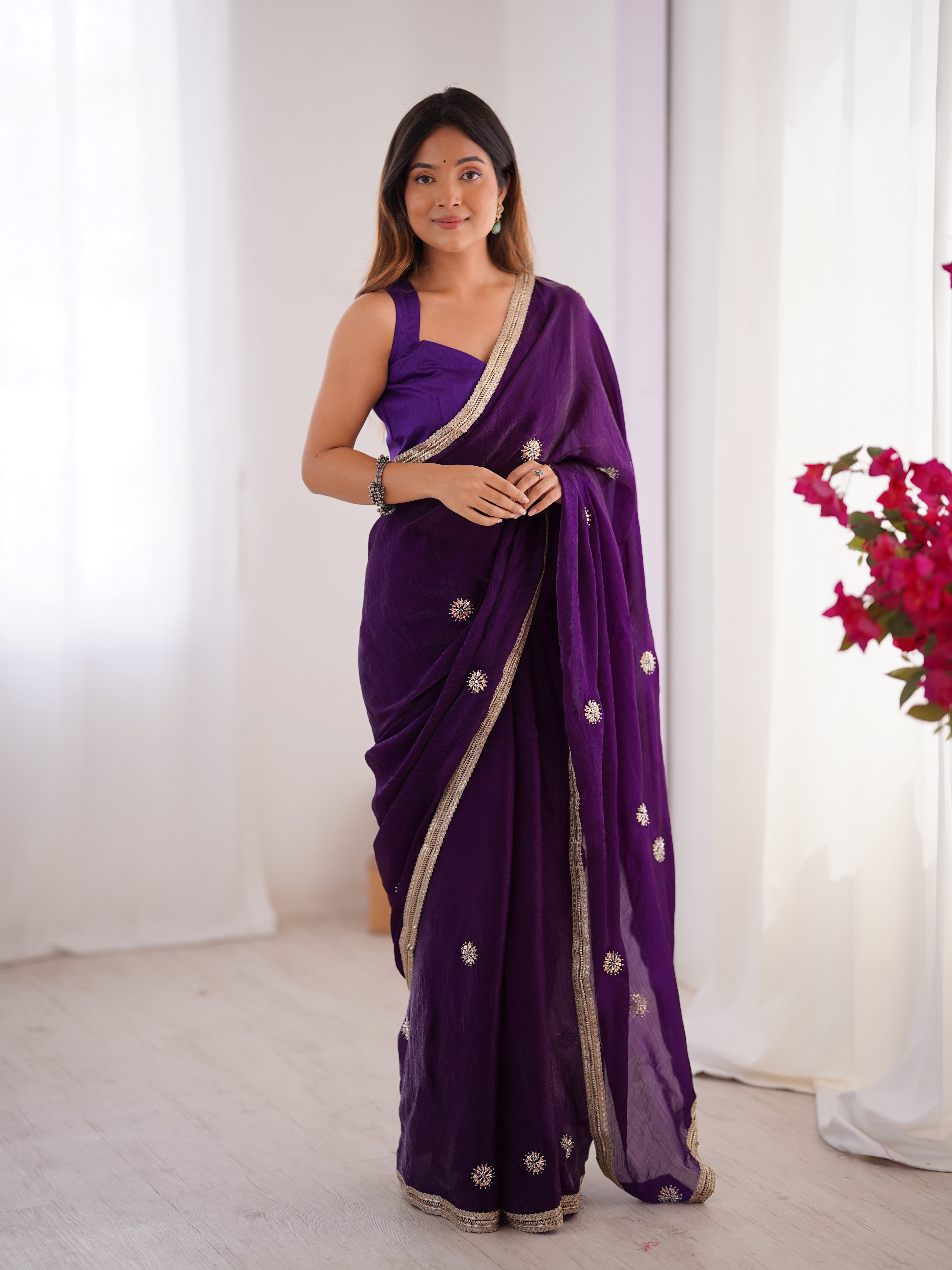 Purple Wedding Wear Embroidered Saree