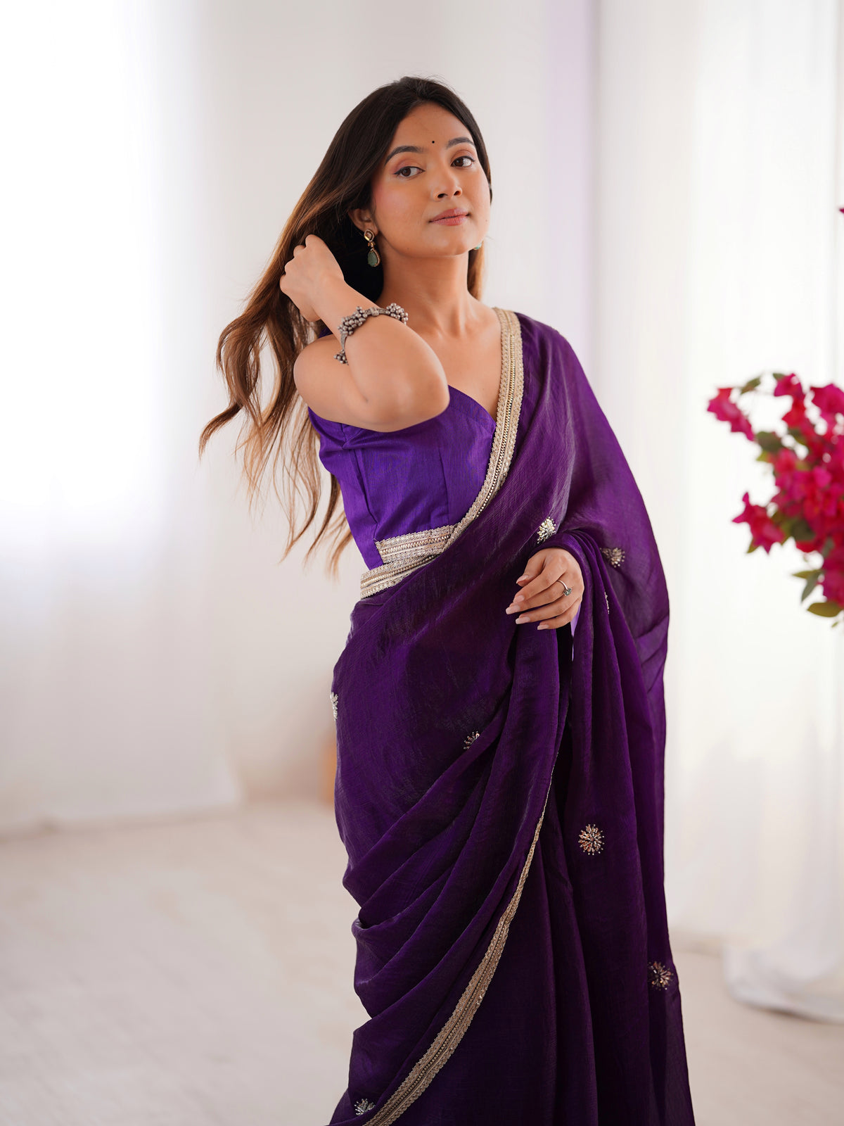 Purple Wedding Wear Embroidered Saree
