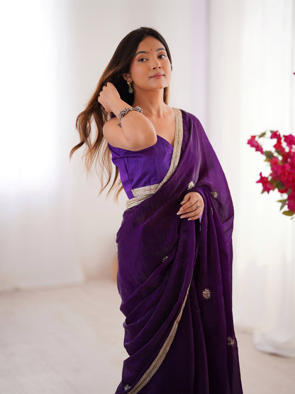 Purple Wedding Wear Embroidered Saree for Women
