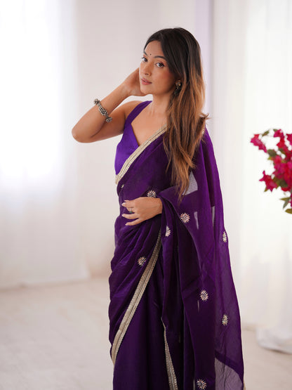 Purple Wedding Wear Embroidered Saree for Women