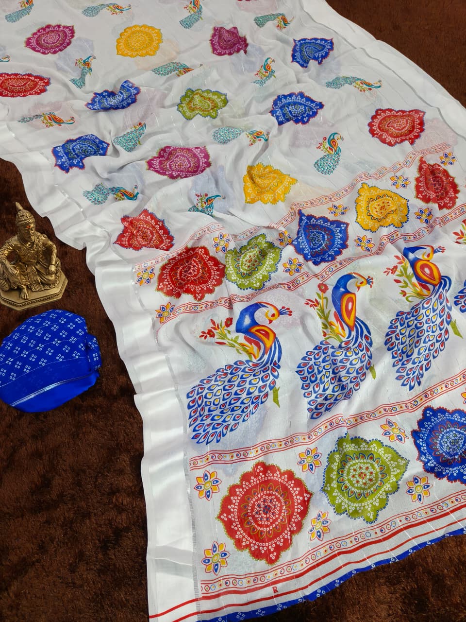 Rajwadi Mor White Saree Bandhej Print Georgette Style for Women
