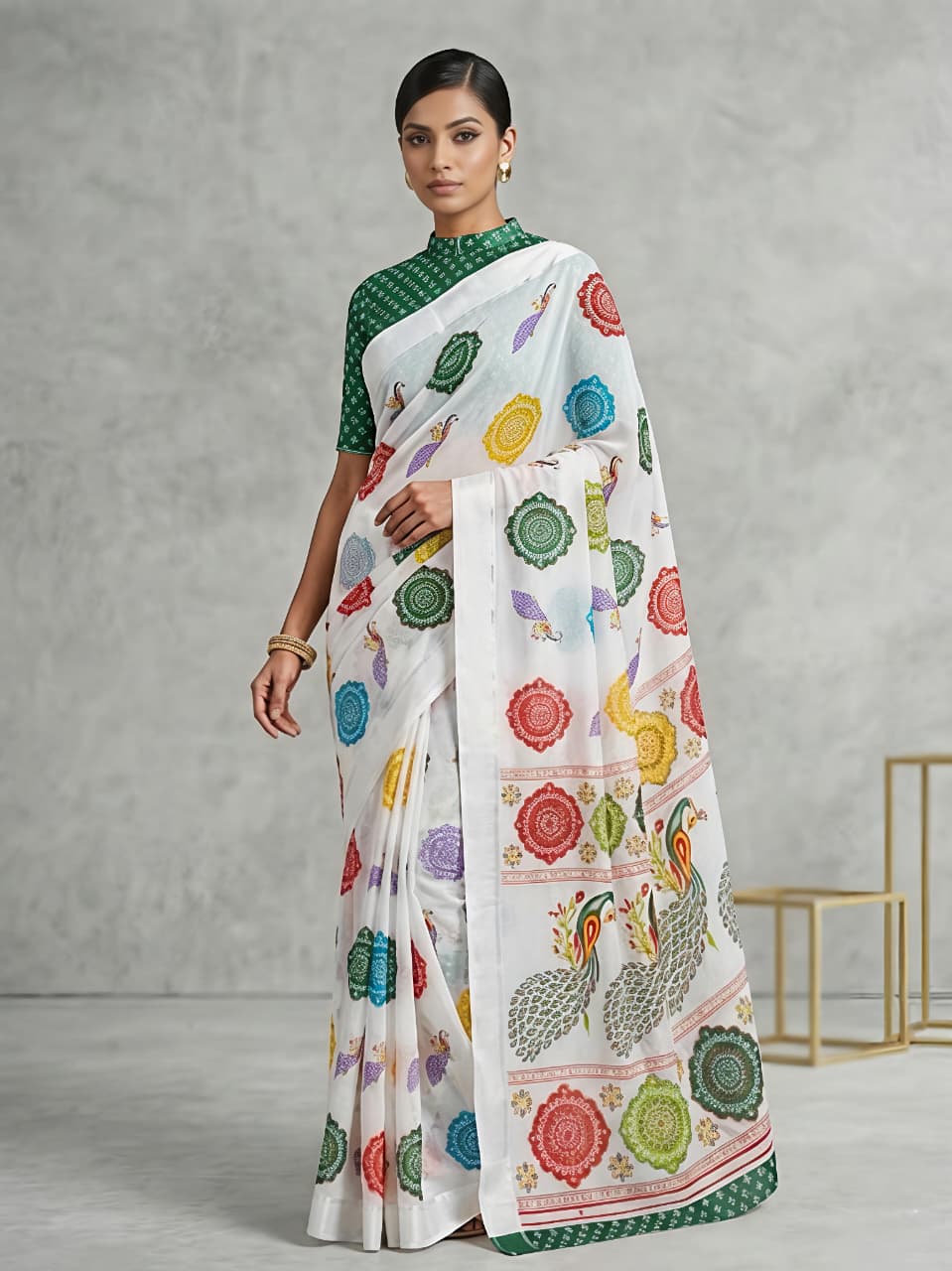 Rajwadi Style White Georgette Saree with Peacock Border for Women