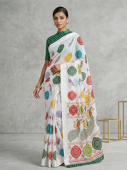Rajwadi Style White Georgette Saree with Peacock Border for Women