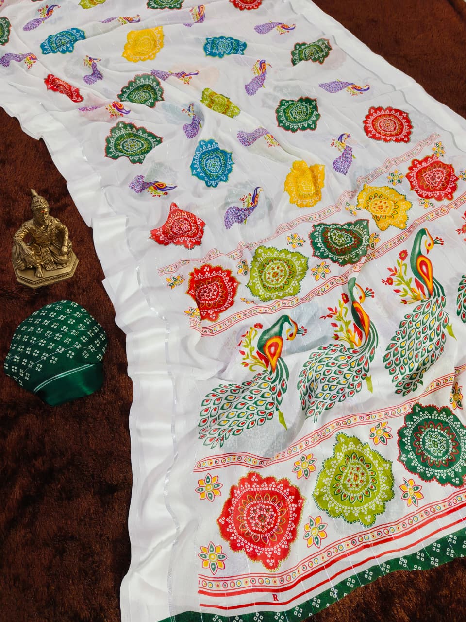 Rajwadi Style White Georgette Saree with Peacock Border for Women