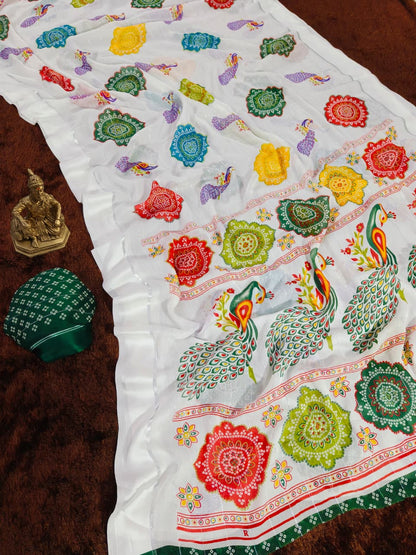 Rajwadi Style White Georgette Saree with Peacock Border for Women